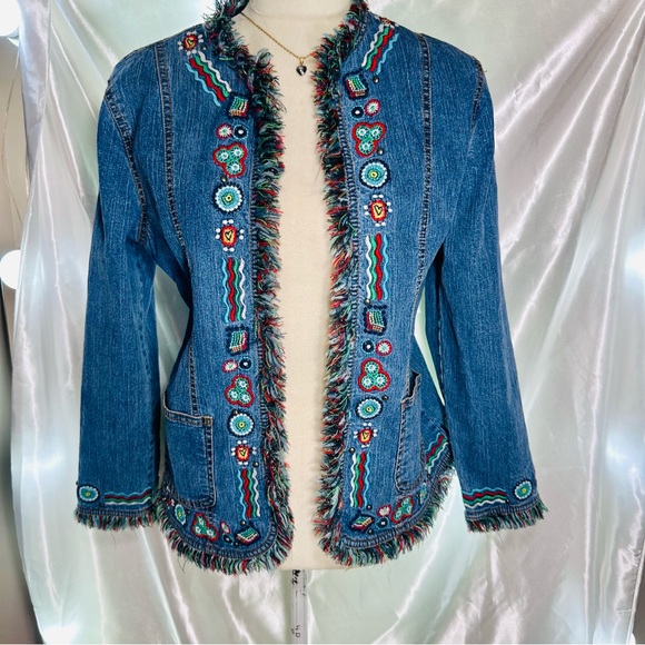 VTG RubyRd Jean Denim Jacket Sz Medium Blue Colorful Fringe Embroidered Pockets - Picture 3 of 9